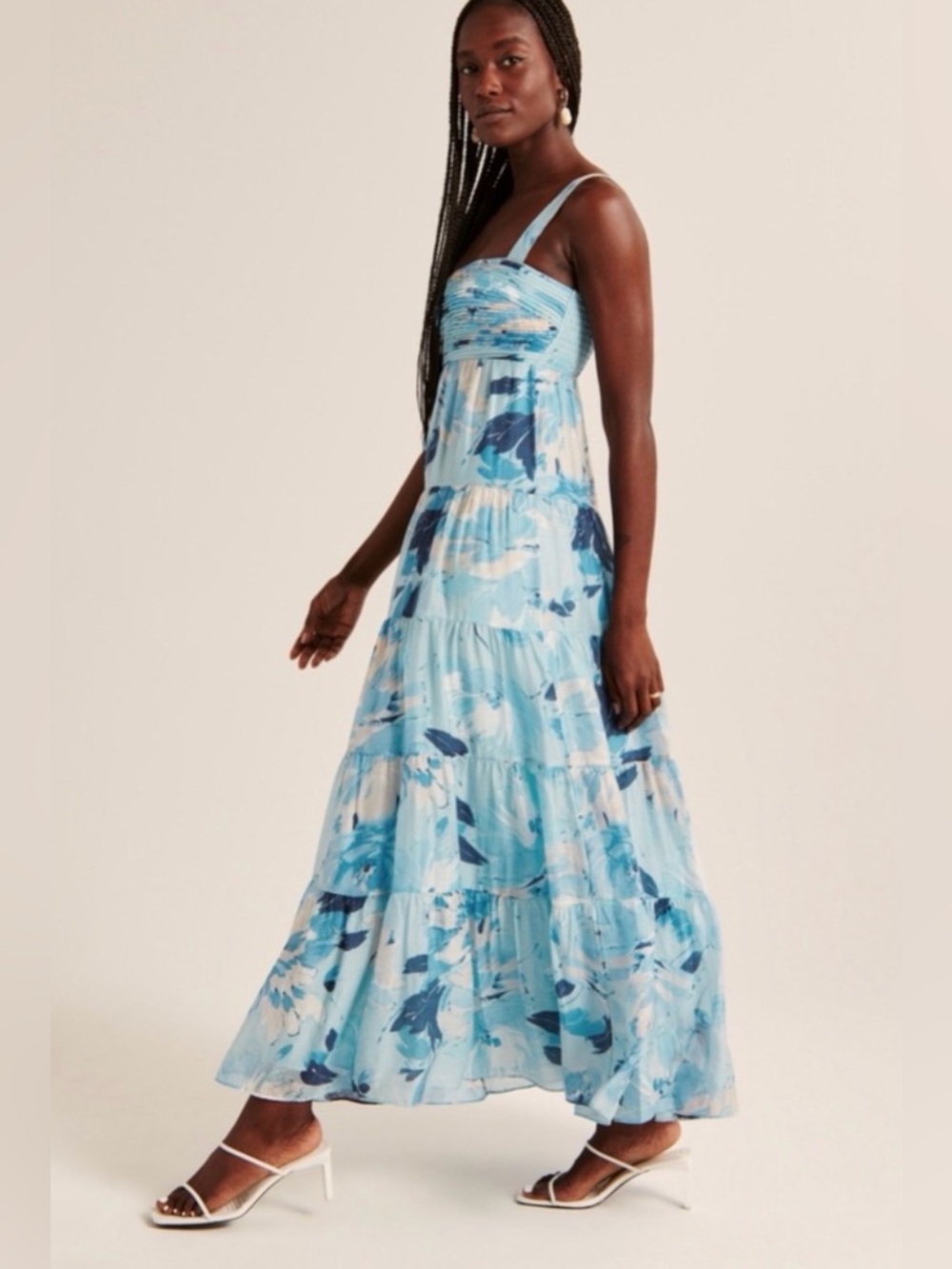 NWT Abercrombie & Fitch  Blue Print Ruched Tiered Babydoll Maxi Dress M Tall